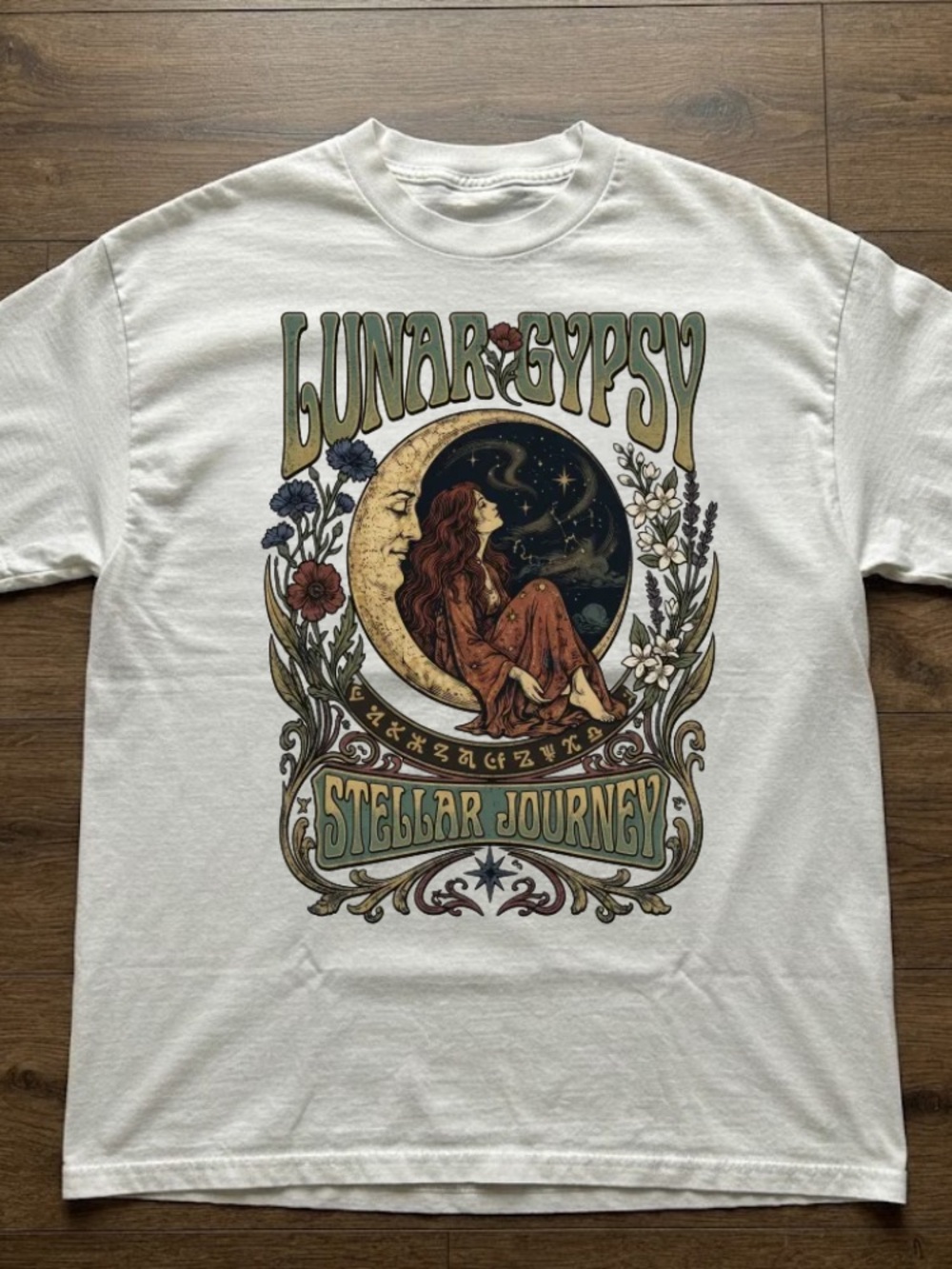 Lunar Gypsy Stellar Journey Moon Stars Flowers Vintage White T-Shirt
